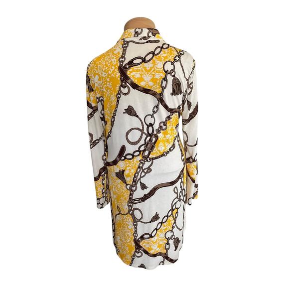 Timing Womens 1X Yellow White Blouse Chain Print Button Up Long Sleeve Top - Picture 2 of 11